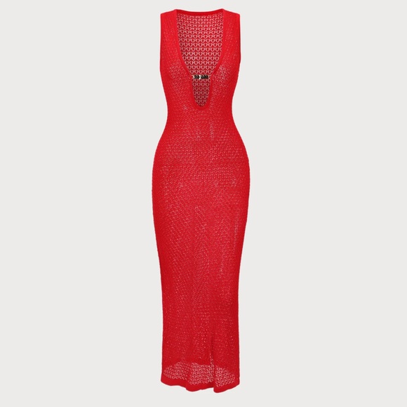 Berlook Red Crochet Cutout Cover-up Maxi Dress - Picture 6 of 9